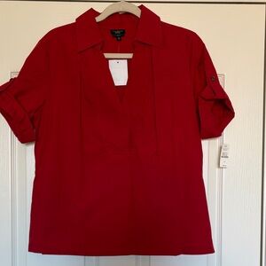Talbots Red Blouse with Roll-Up Sleeves collar cotton top sz 14 new NWT